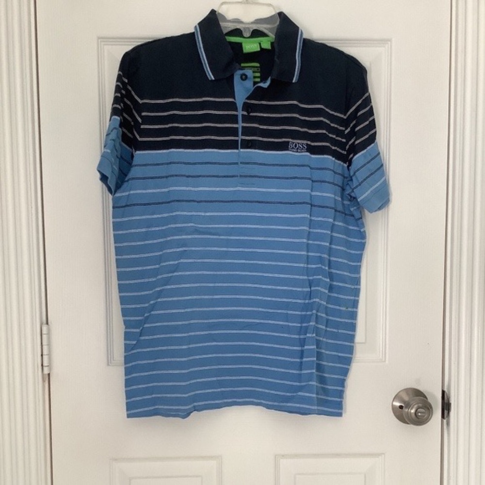 BOSS by Hugo Boss Blues/White Striped Color Block Polo Shirt L PRE-OWNED